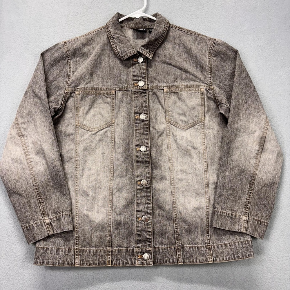 Vintage Chicos Jacket Womens Large Gray Denim Button Front Trucker 90s Chore‎